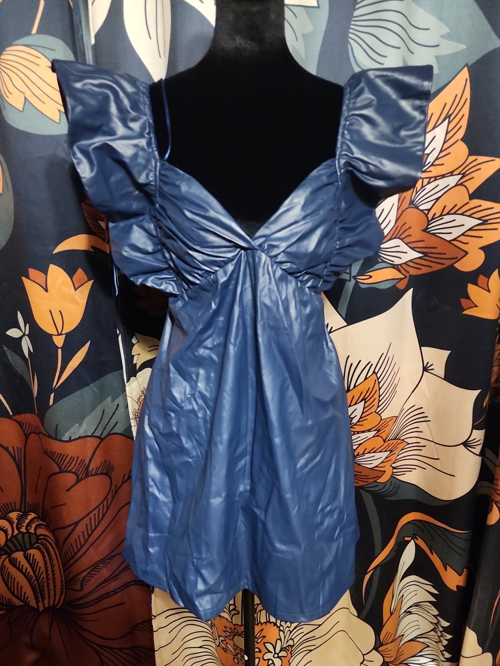 Structured V-Neck Mini Dress in Deep Blue with Puff Sleeves